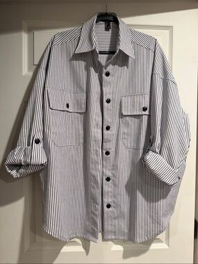 Striped Button-Up Shirt in White and Navy